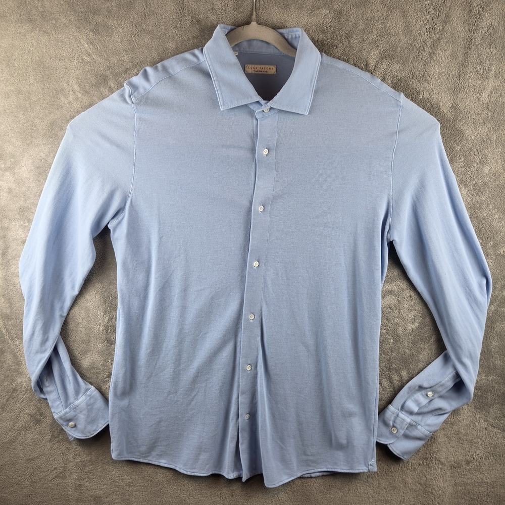 Luca Faloni Blue Pique Polo Men's 17-43 Long Sleeve Shirt Italy 100% Cotton